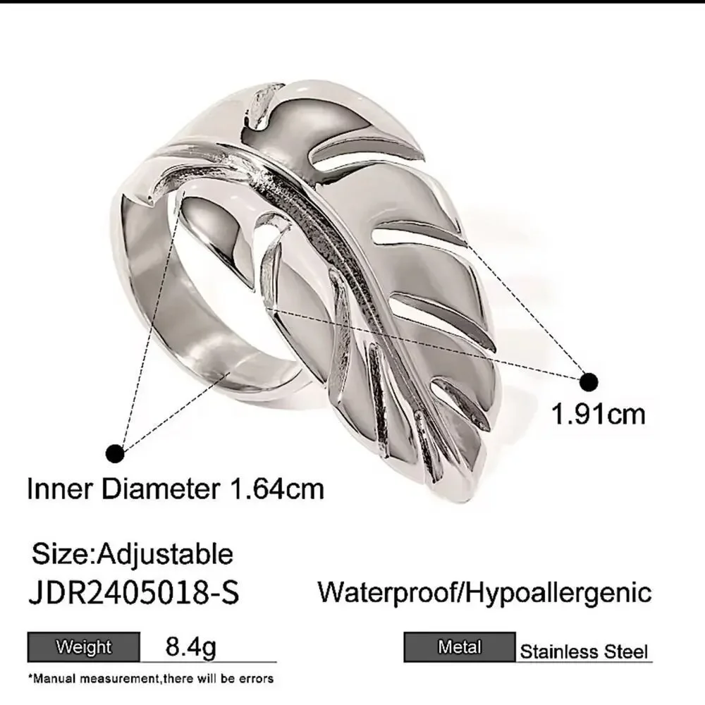 Silver Feather Leaf Leaves Ring Adjustable Stainless Steel Gold Plated